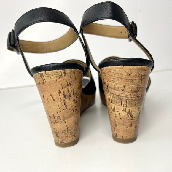 Sz 9.5 - Franco Sarto Medina Black Open Toe Mary Jane Cork Wedge Sandals - Picture 6 of 12